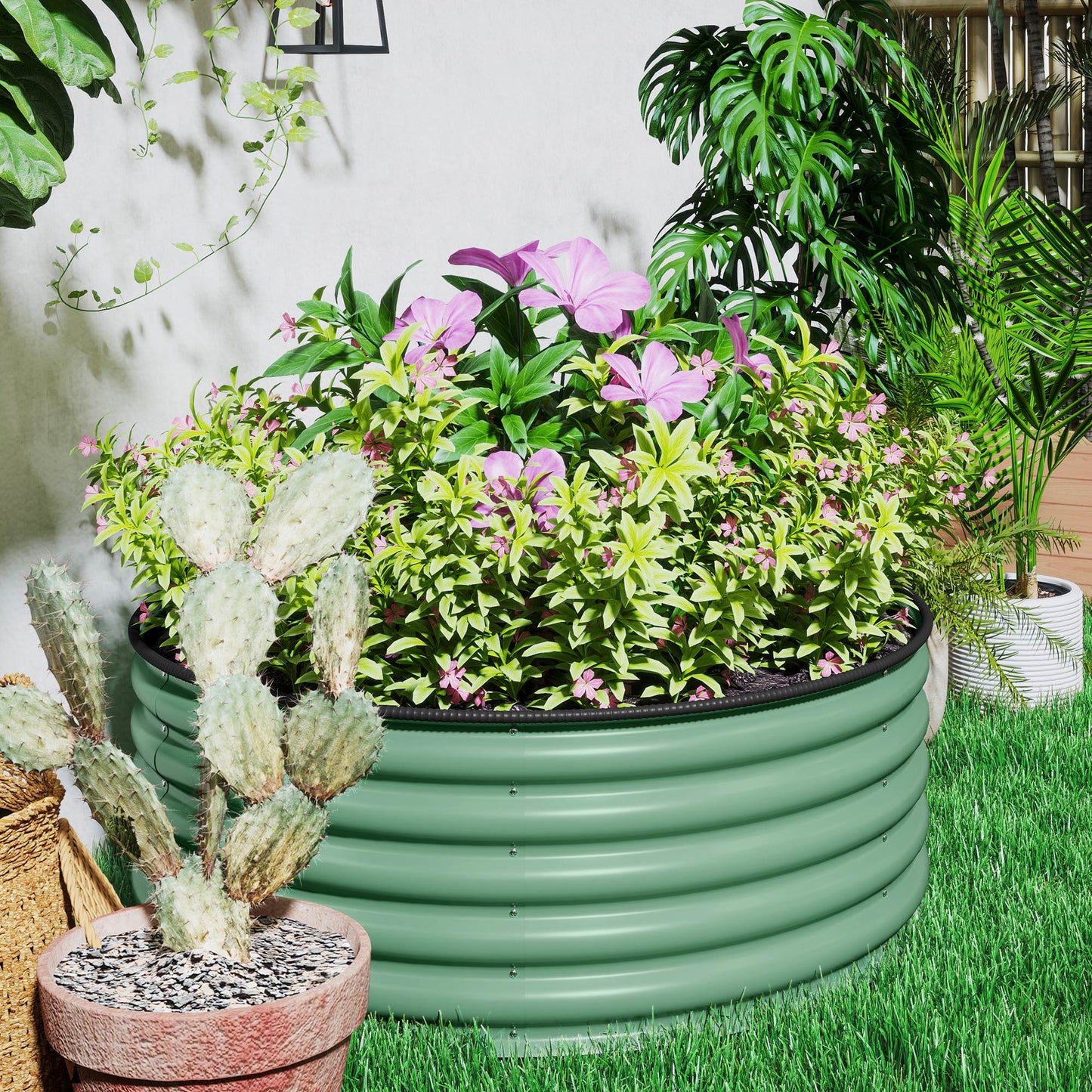 Galvanised Planter with Gloves, 120 x 120 x 43cm, Light Green