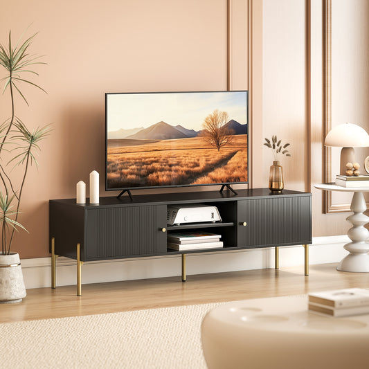 TV Stand for Television up to 65 Inch, Modern Entertainment Center with 2 Open Shelves, 2 Cabinets and 5 Steel Legs, TV Console with 2 Cable Holes for Living Room, Black