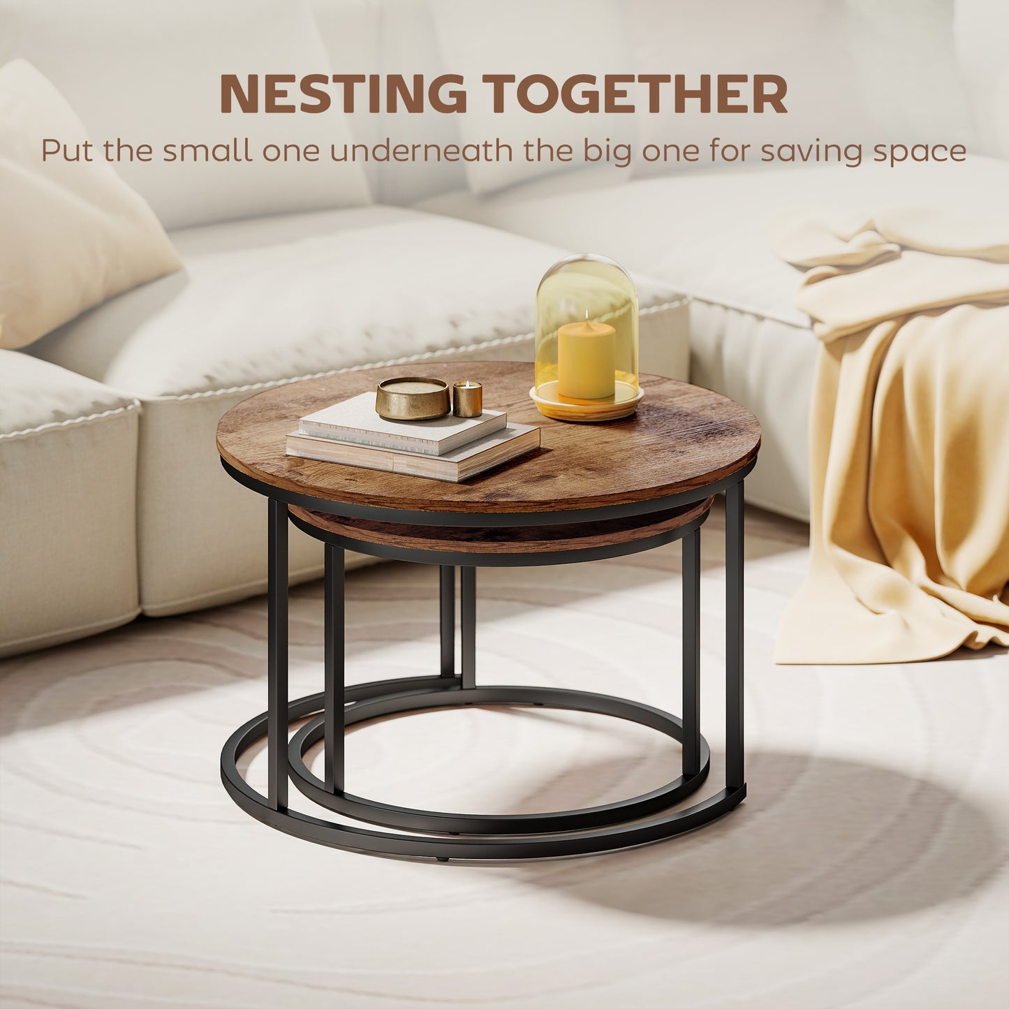Marble Coffee Table Set of 2, Round Nest of Tables, Rustic Brown
