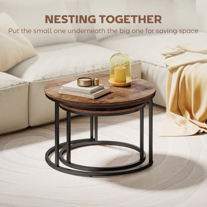 Marble Coffee Table Set of 2, Round Nest of Tables, Rustic Brown