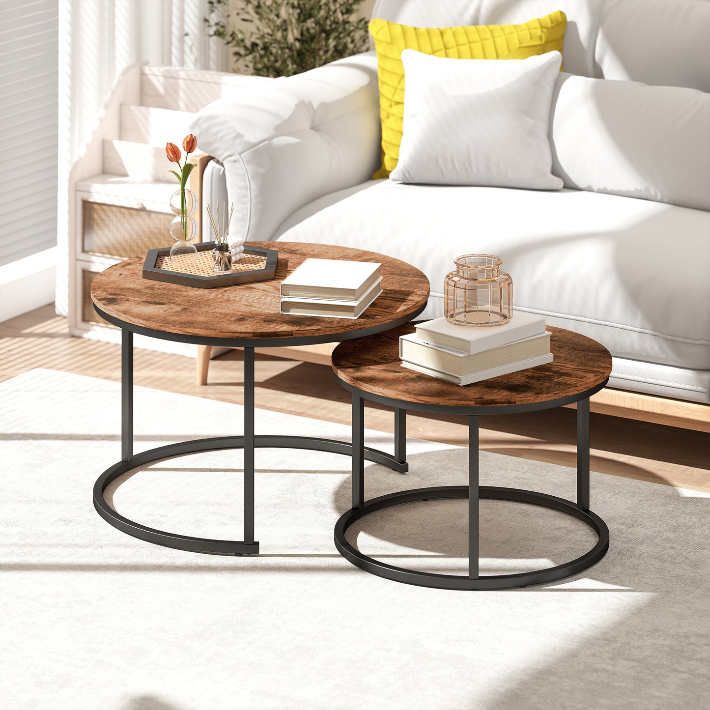 Marble Coffee Table Set of 2, Round Nest of Tables, Rustic Brown