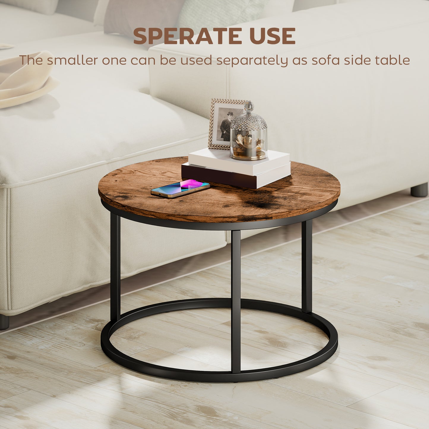 Marble Coffee Table Set of 2, Round Nest of Tables, Rustic Brown
