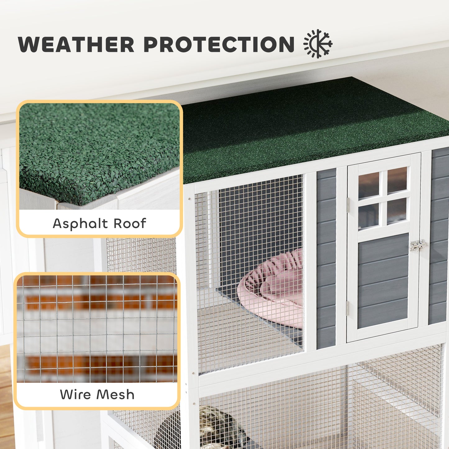 Wooden Cat House with Asphalt Roof, Cat Cage for Multiple Cats White
