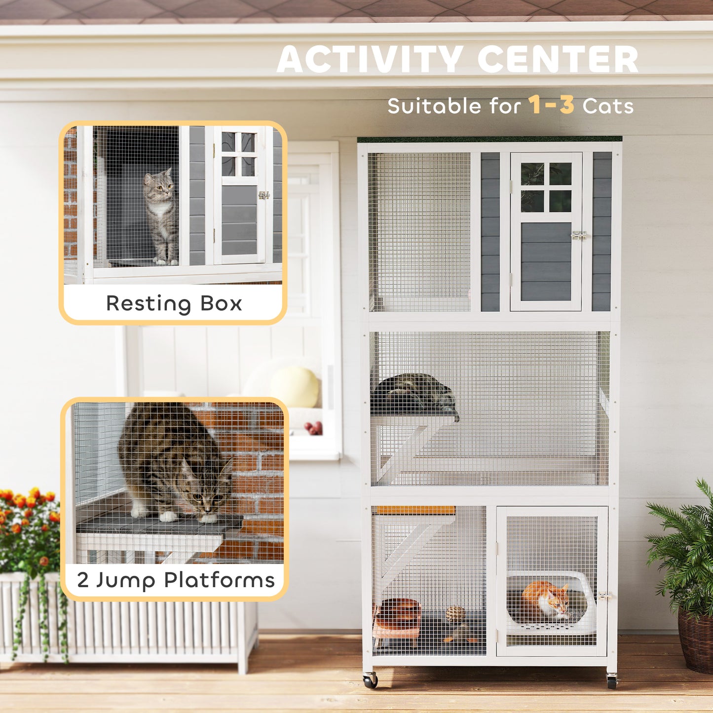 Wooden Cat House with Asphalt Roof, Cat Cage for Multiple Cats White