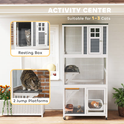 Wooden Cat House with Asphalt Roof, Cat Cage for Multiple Cats White