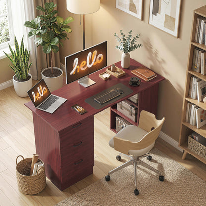 120cm PC Table Workstation Computer Desk w/ Drawers, 3 Shelves Walnut