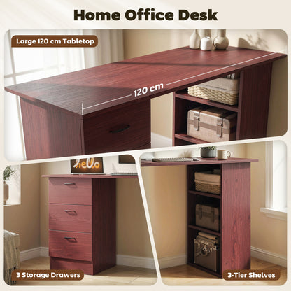 120cm PC Table Workstation Computer Desk w/ Drawers, 3 Shelves Walnut