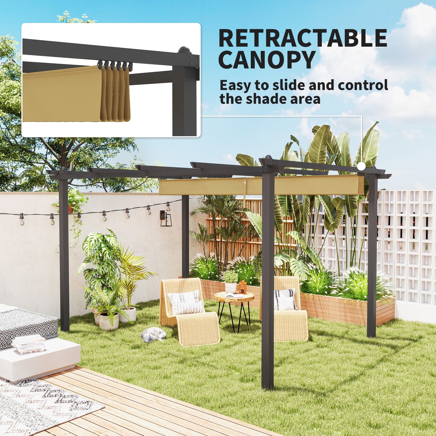 3 x 4m Aluminium Pergola with Retractable Roof, Garden Gazebo Khaki