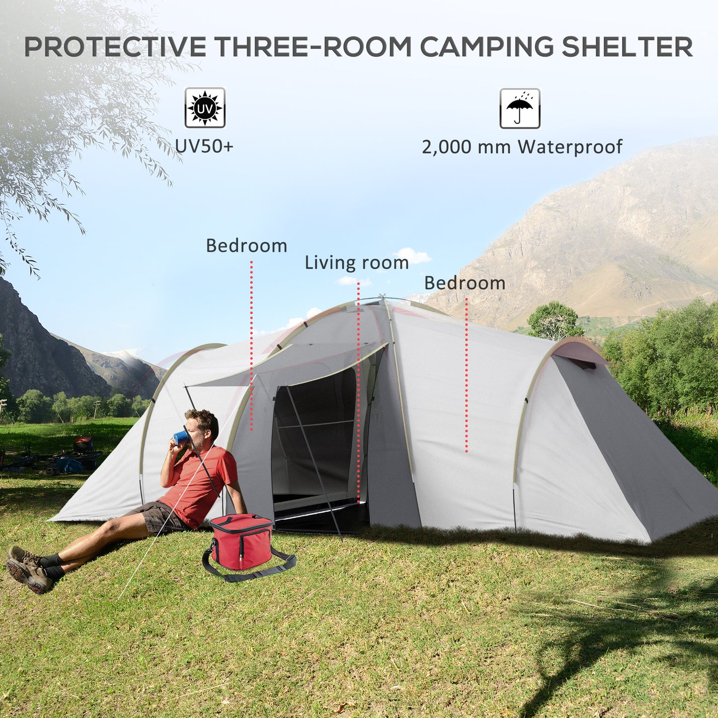 4-6 Man Tunnel Tent Camping Tent with 2 Bedroom, Vestibule, Bag, 2000mm Waterproof, UV50+ for Fishing, Hiking, Festival