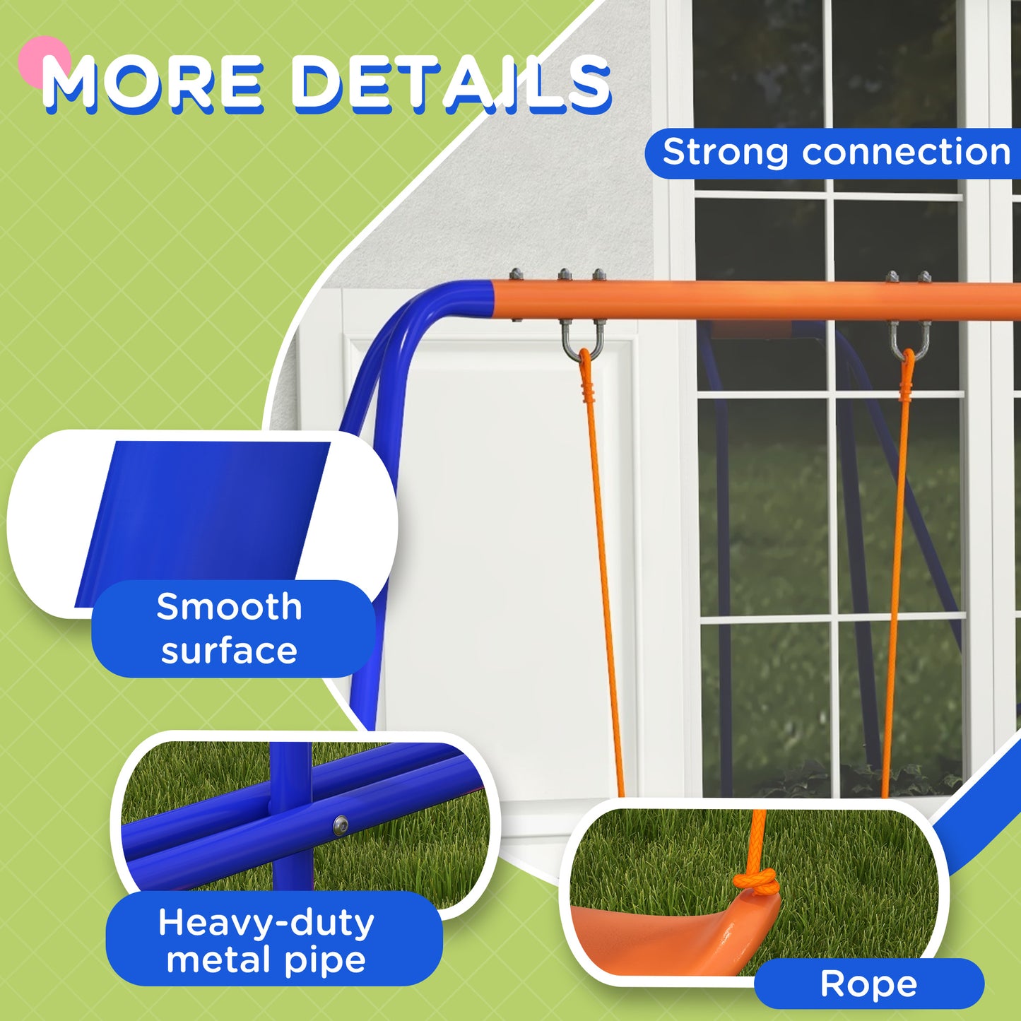 4 in 1 Metal Garden Swing Set with Double Swings Glider Slide Ladder Orange
