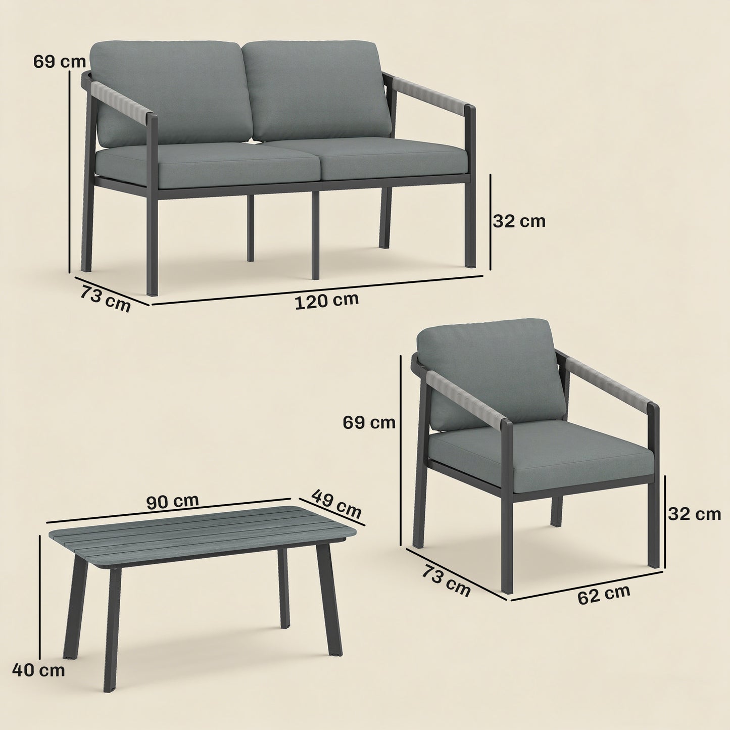 4 Seater Aluminium Garden Furniture Set, Outdoor Patio Furniture