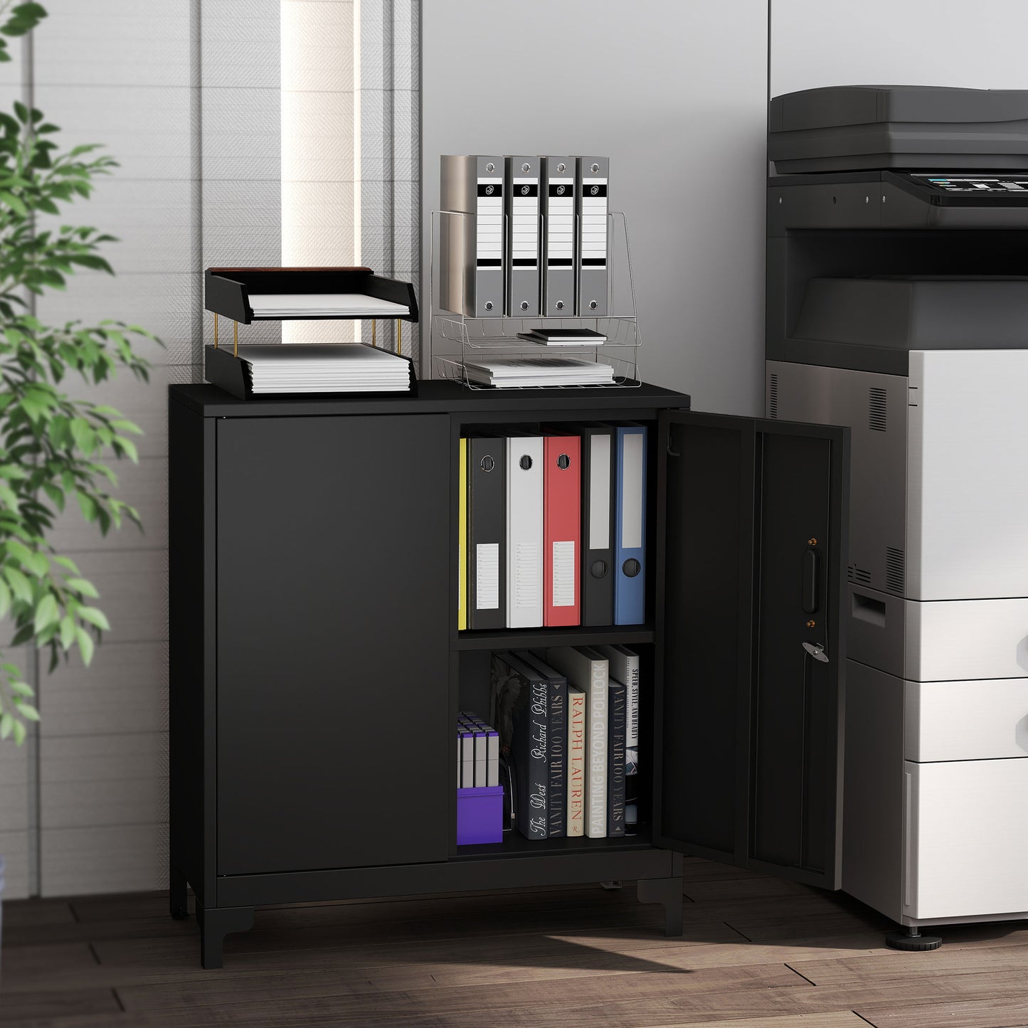 Lockable Metal Filing Cabinet, 2-Tier Storage Cupboard, Black