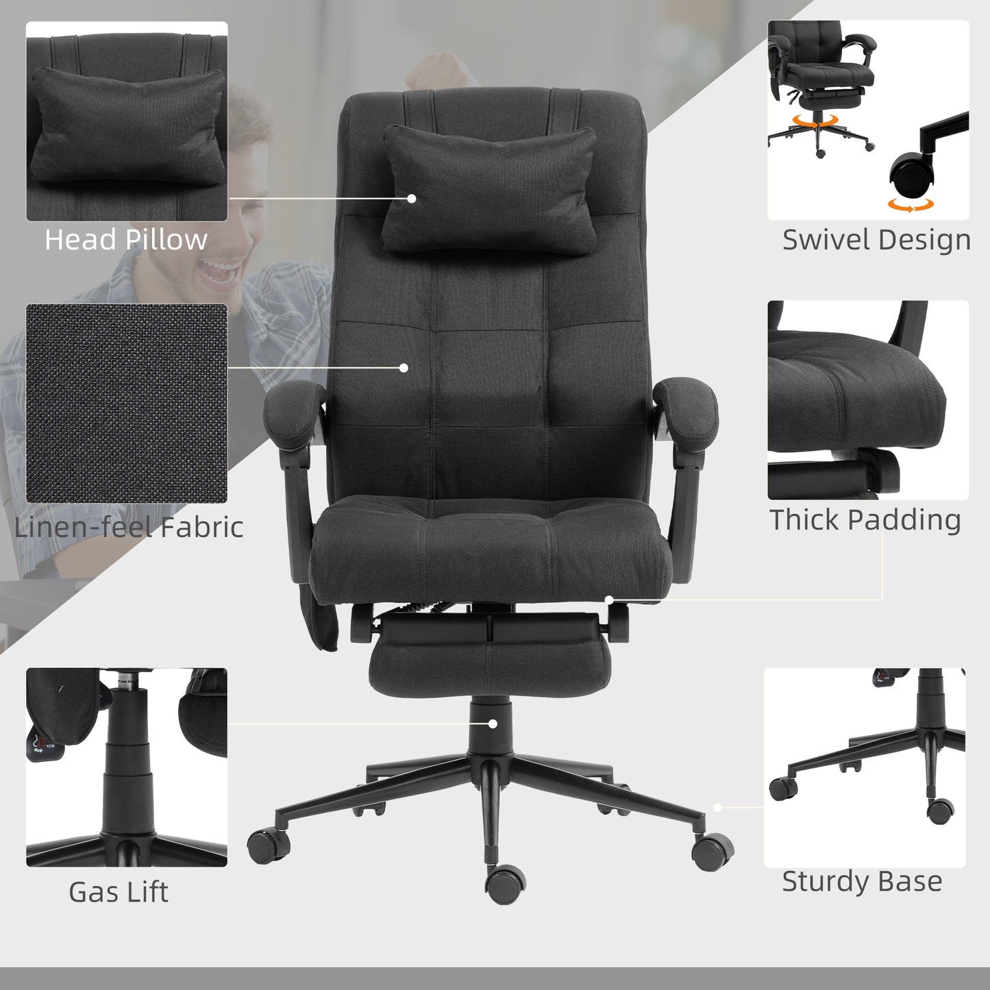 Fabric Vibration Massage Office Chair with Heat, Head Pillow, Black