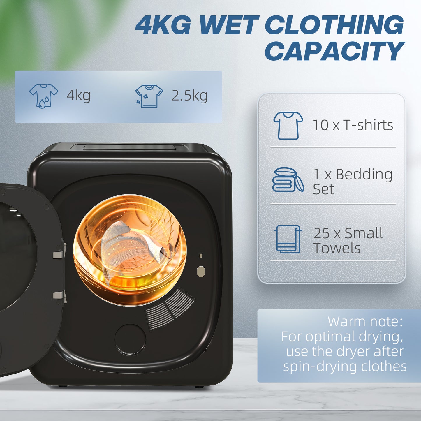 4kg 800W Vented Tumble Dryer with Deodorize, Smart Mode