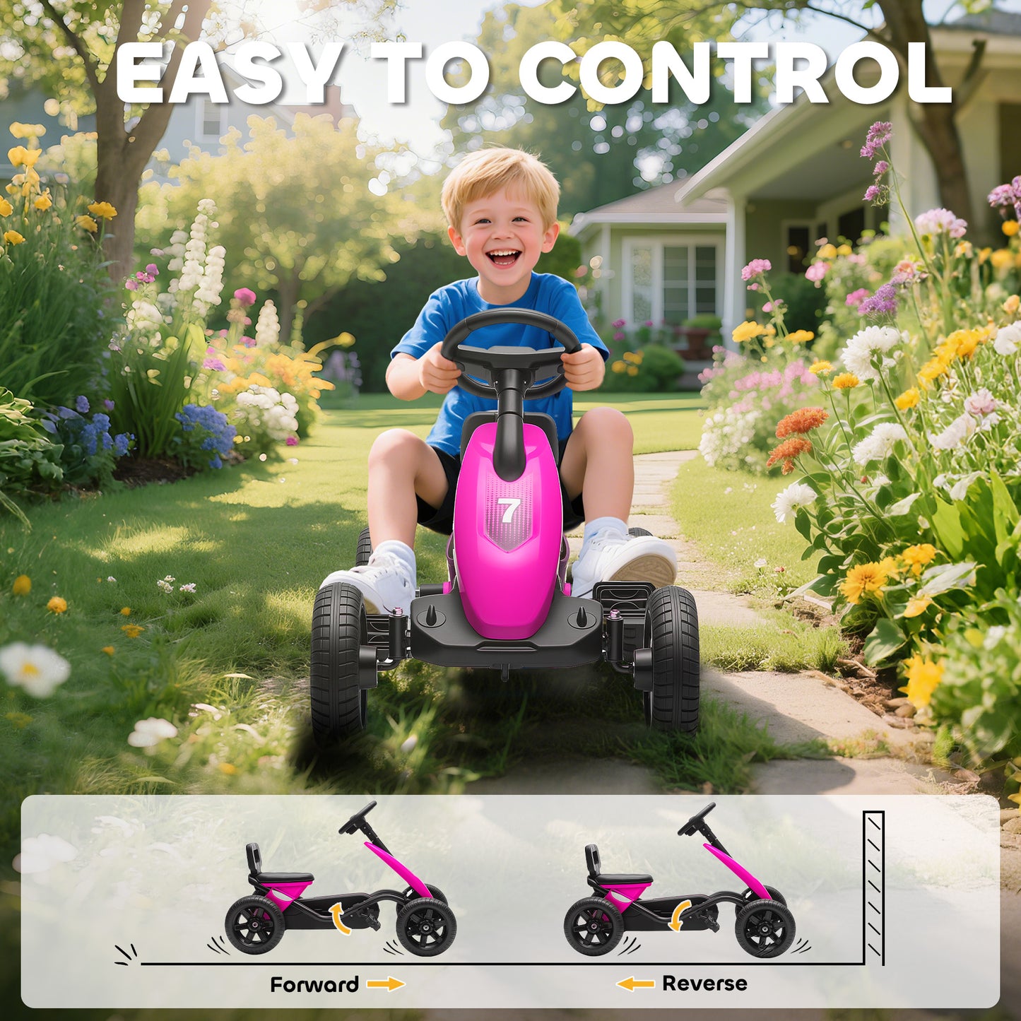 Pedal Go-Kart for Kids with Silent EVA Wheels, Metal Frame, Pink