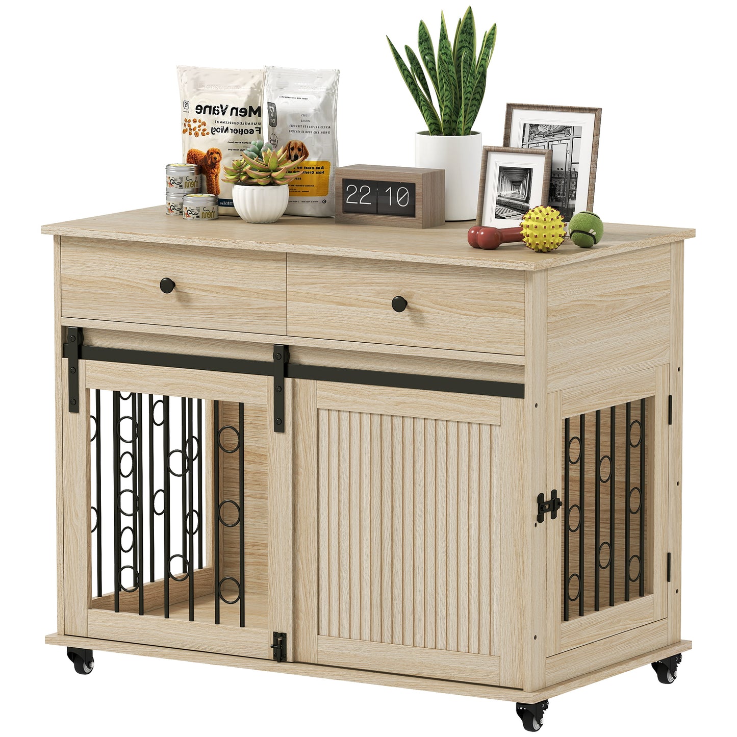 Dog Crate Furniture, Dog Cage w/ Wheels, 2 Drawers, Sliding Door, Oak