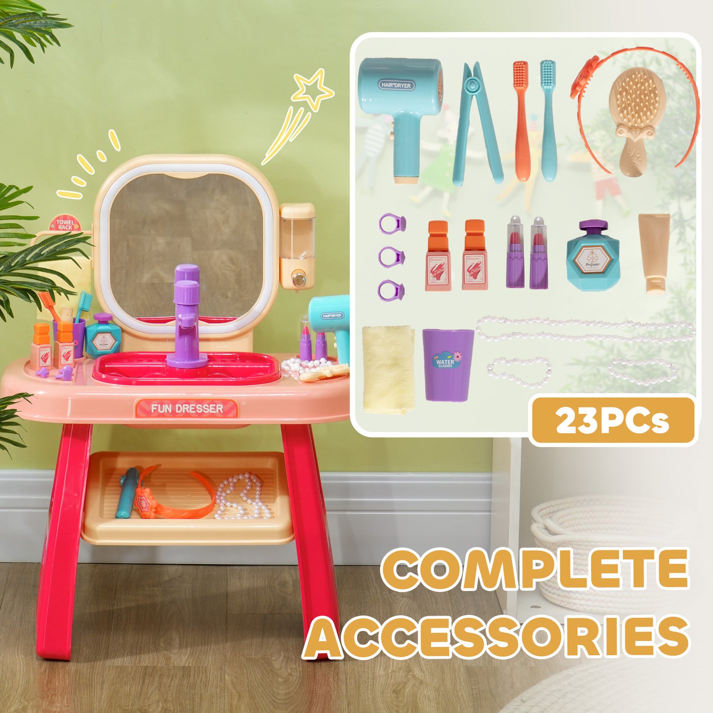 Kids Dressing Table with Mirror, LED Light, Music, 23 Accessories