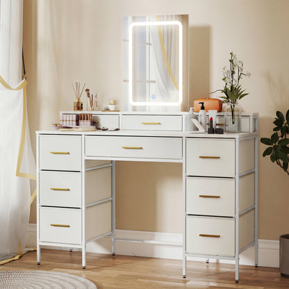 Dressing Table with LED Lighting Mirror and 10 Drawers, White