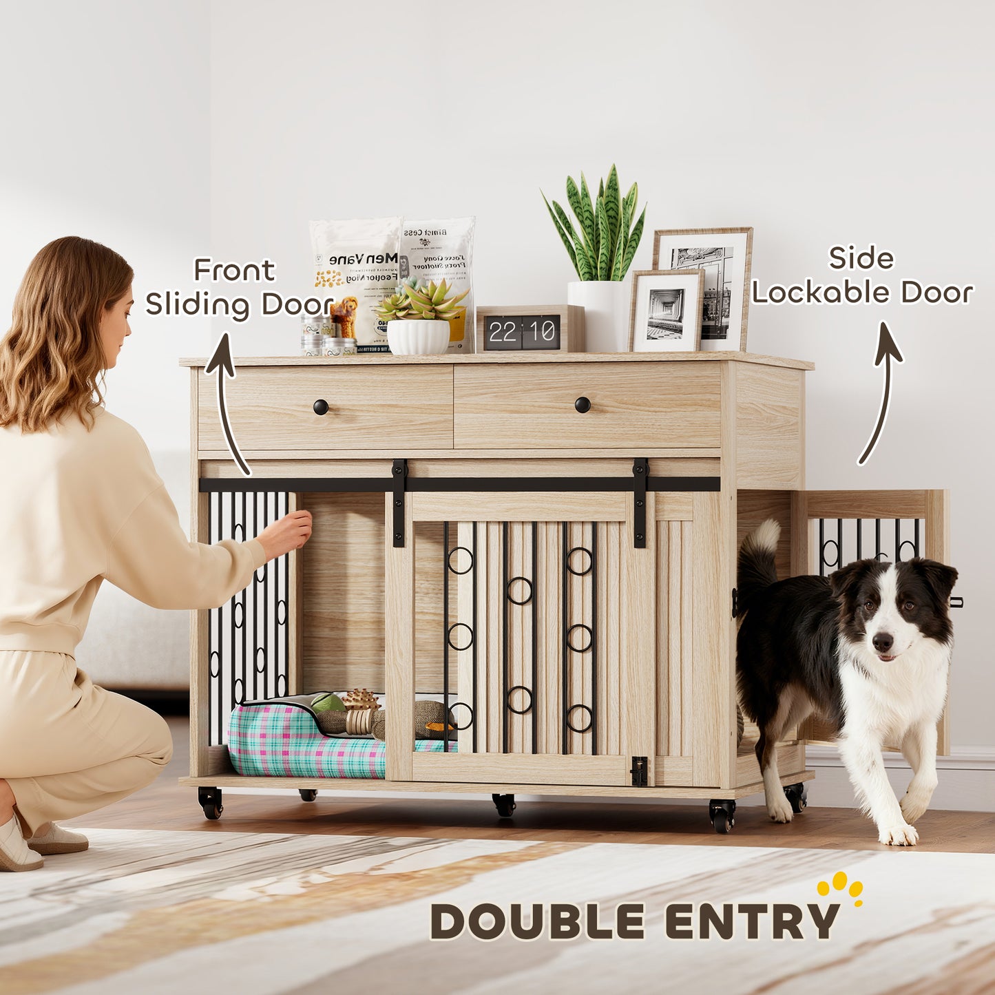Dog Crate Furniture, Dog Cage w/ Wheels, 2 Drawers, Sliding Door, Oak