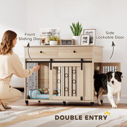 Dog Crate Furniture, Dog Cage w/ Wheels, 2 Drawers, Sliding Door, Oak