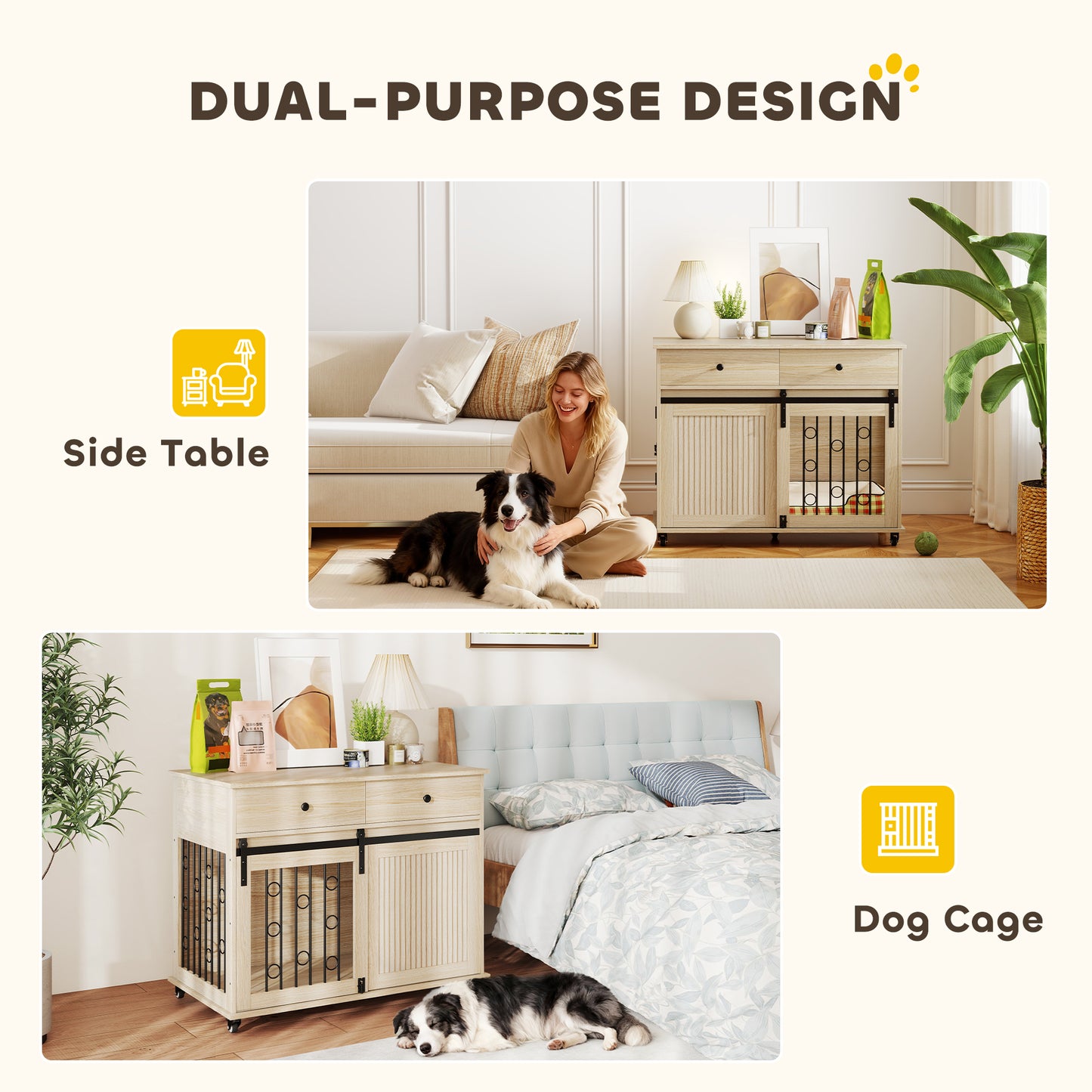 Dog Crate Furniture, Dog Cage w/ Wheels, 2 Drawers, Sliding Door, Oak