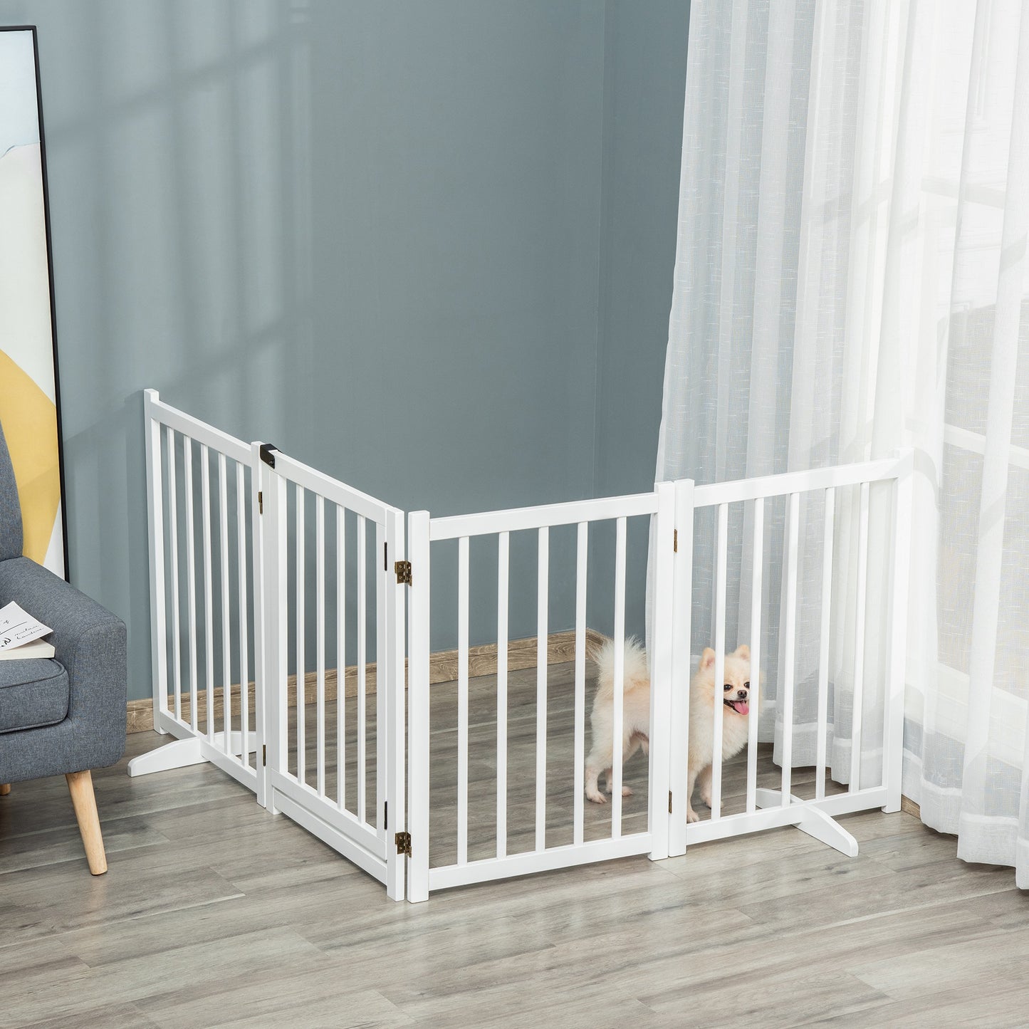Freestanding Pet Gate for Small and Medium Dogs, Wooden Foldable Dog Safety Barrier with 4 Panels, 2 Support Feet, 80 cm Tall for Doorways, Stairs White