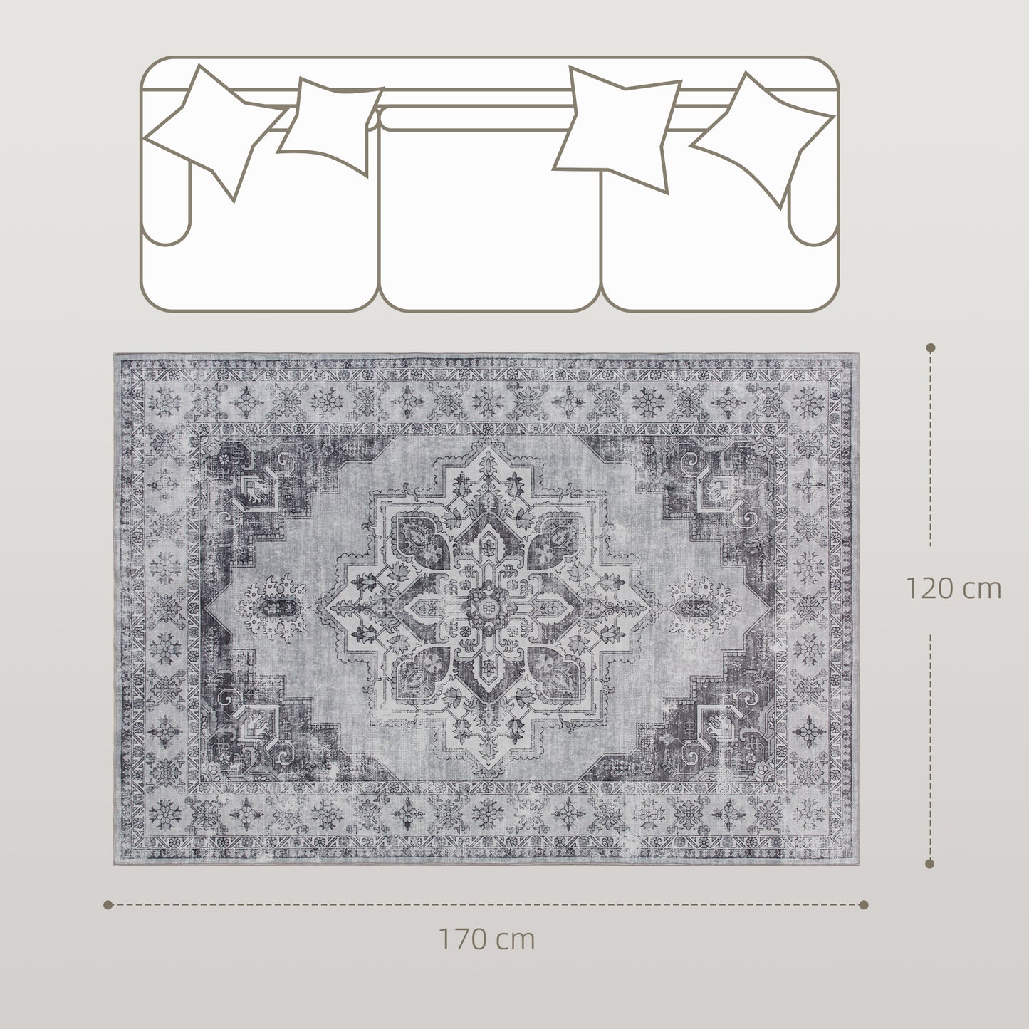 Flannel Non-Slip Washable Rug for Living Room, 170 x 120 cm, Grey