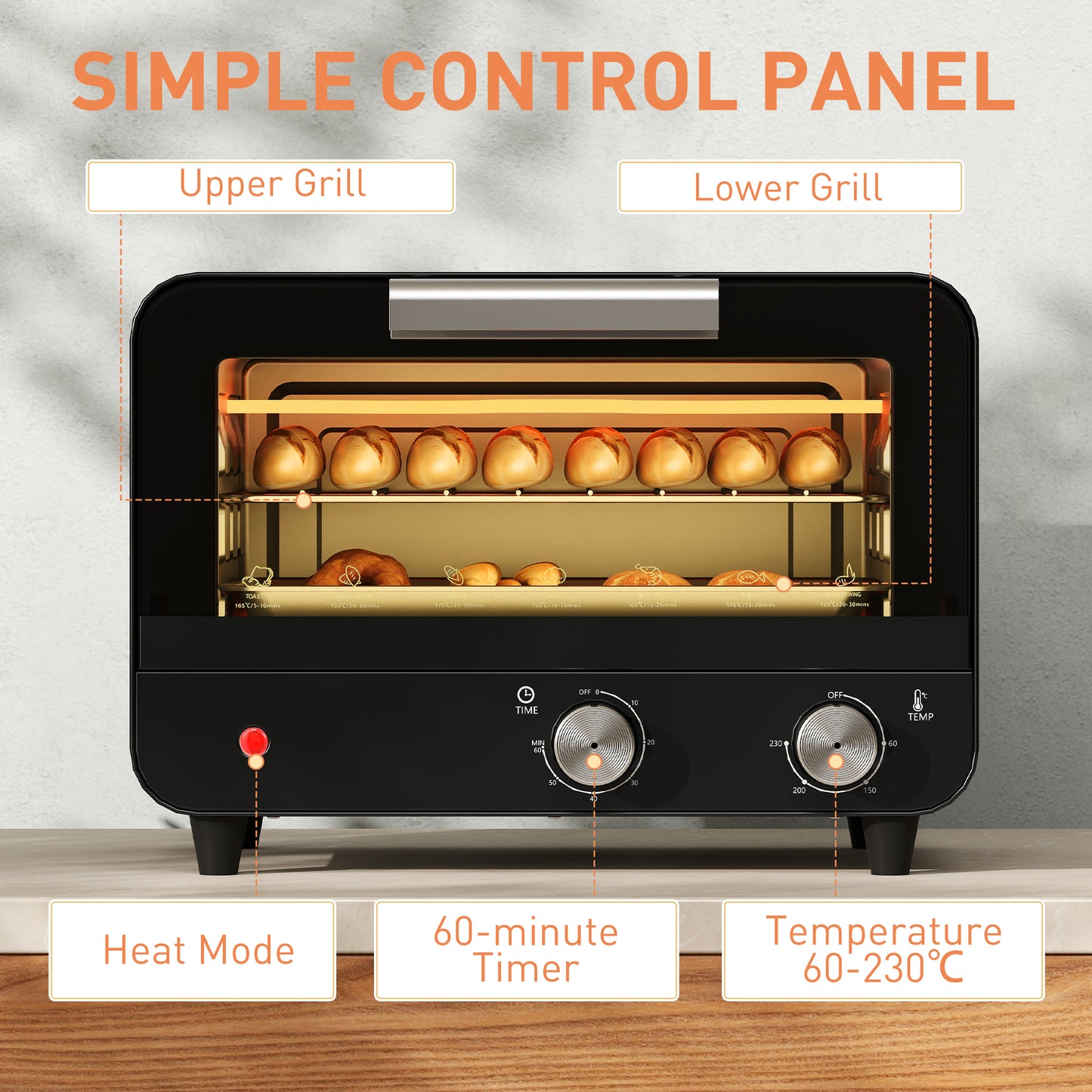 Small Toaster Oven, 12L Mini Countertop Oven with Glass Door, Black