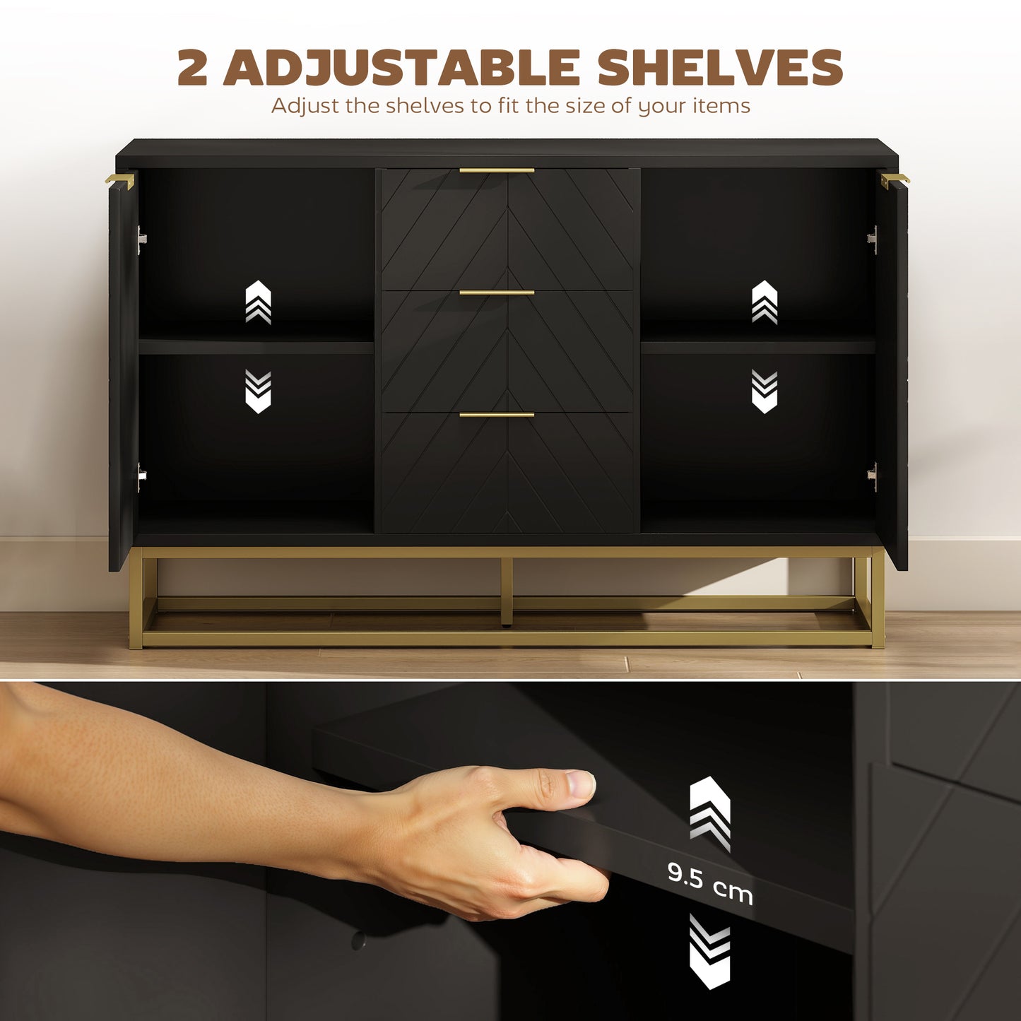 Sideboard Storage Cabinet with Adjustable Shelves, Black