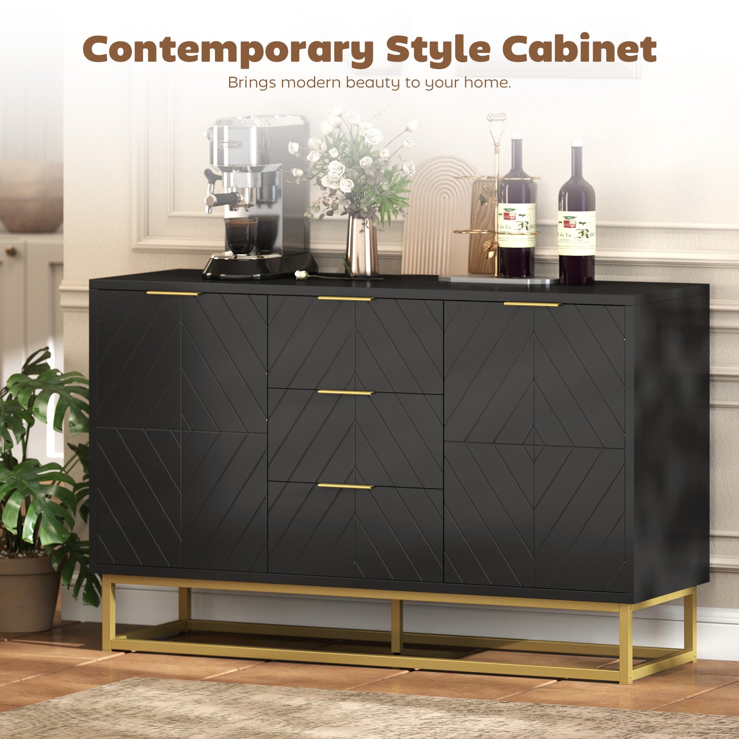 Sideboard Storage Cabinet with Adjustable Shelves, Black