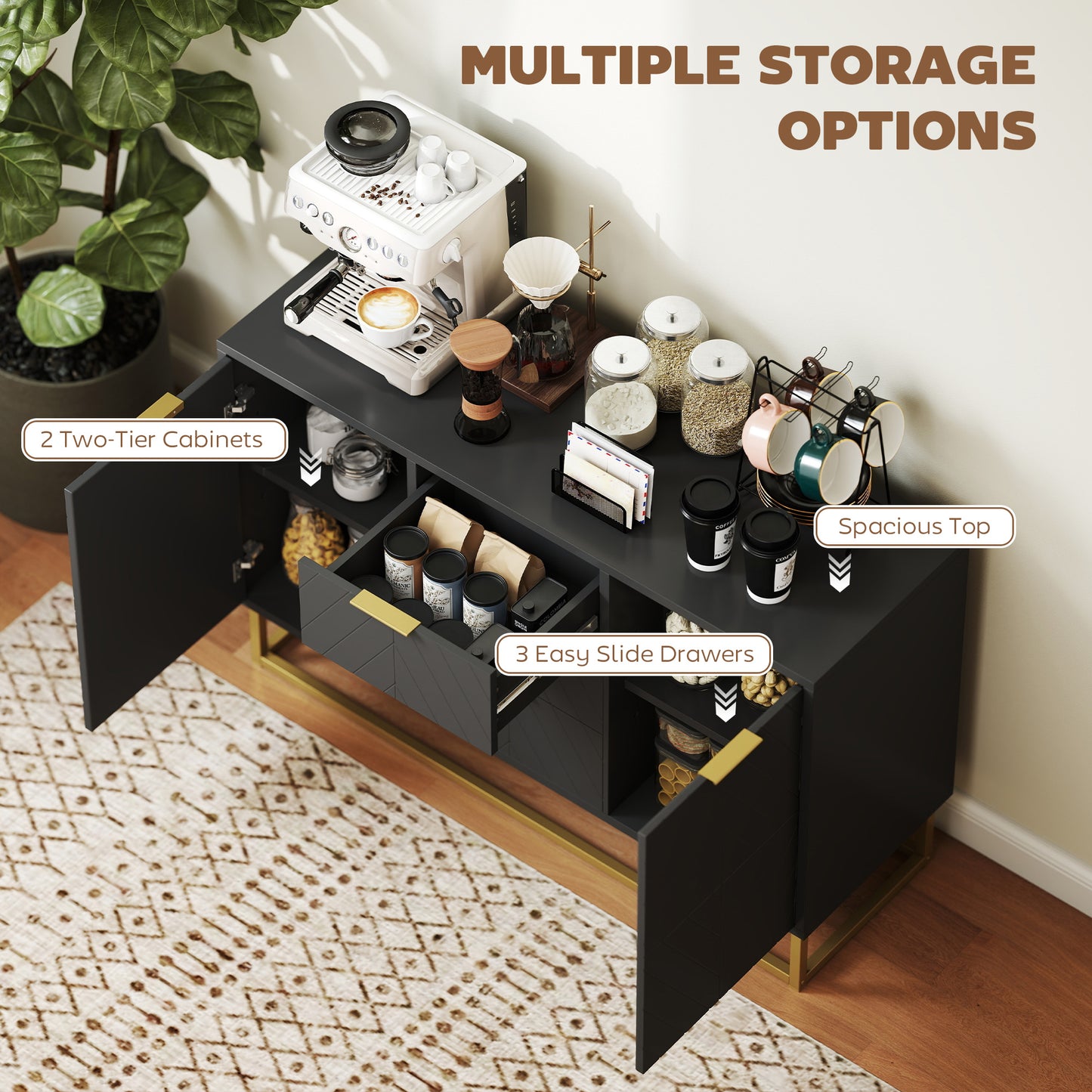 Sideboard Storage Cabinet with Adjustable Shelves, Black