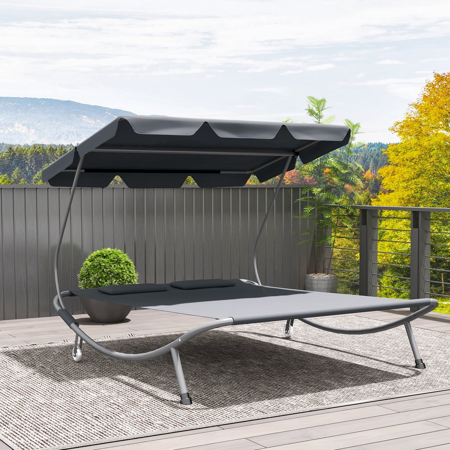 Garden Double Hammock Sun Lounger Day Bed Canopy w/ 2 Pillows