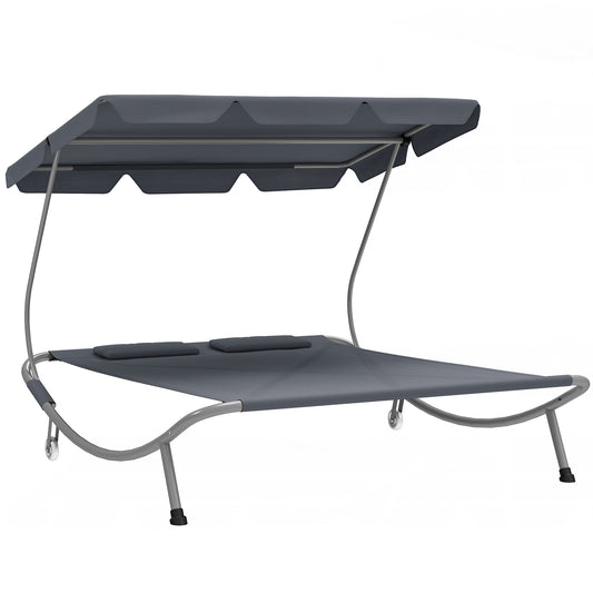 Garden Double Hammock Sun Lounger Day Bed Canopy w/ 2 Pillows
