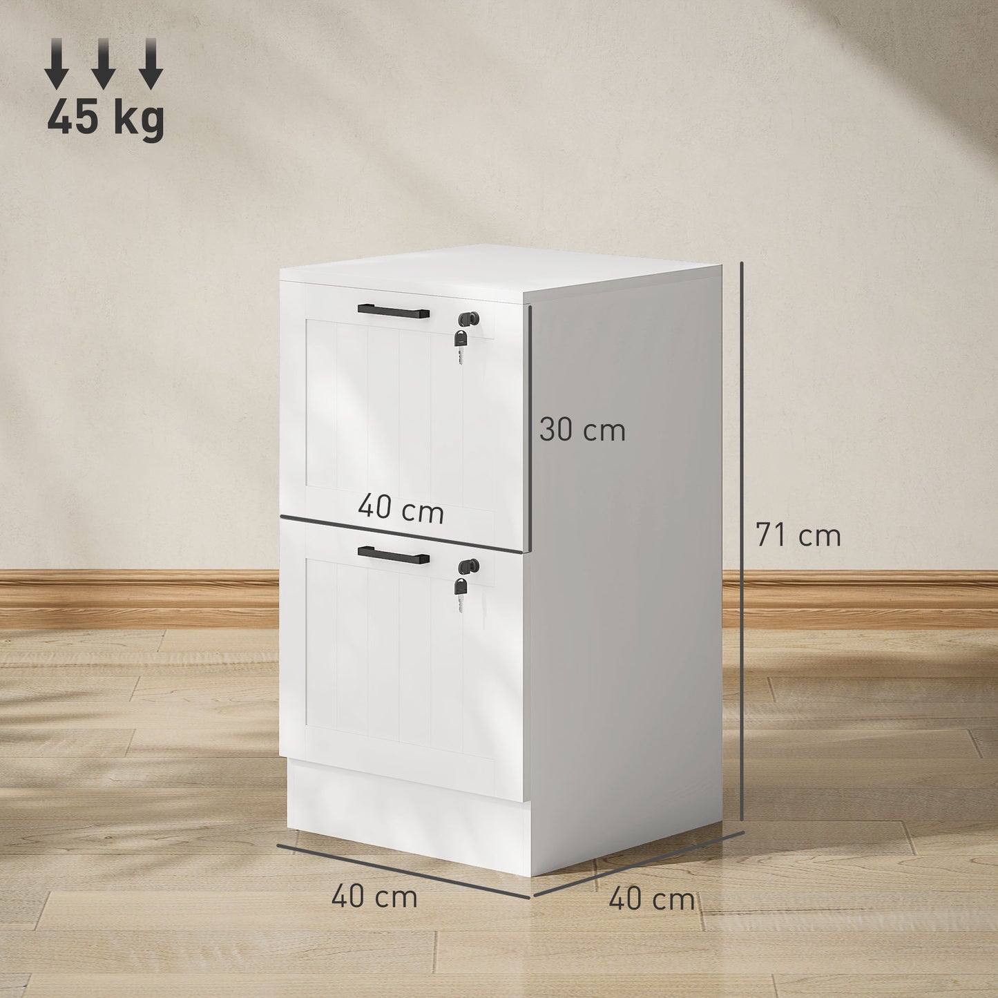 2 Drawer File Cabinet with Lock and Adjustable Hanging Bars, White