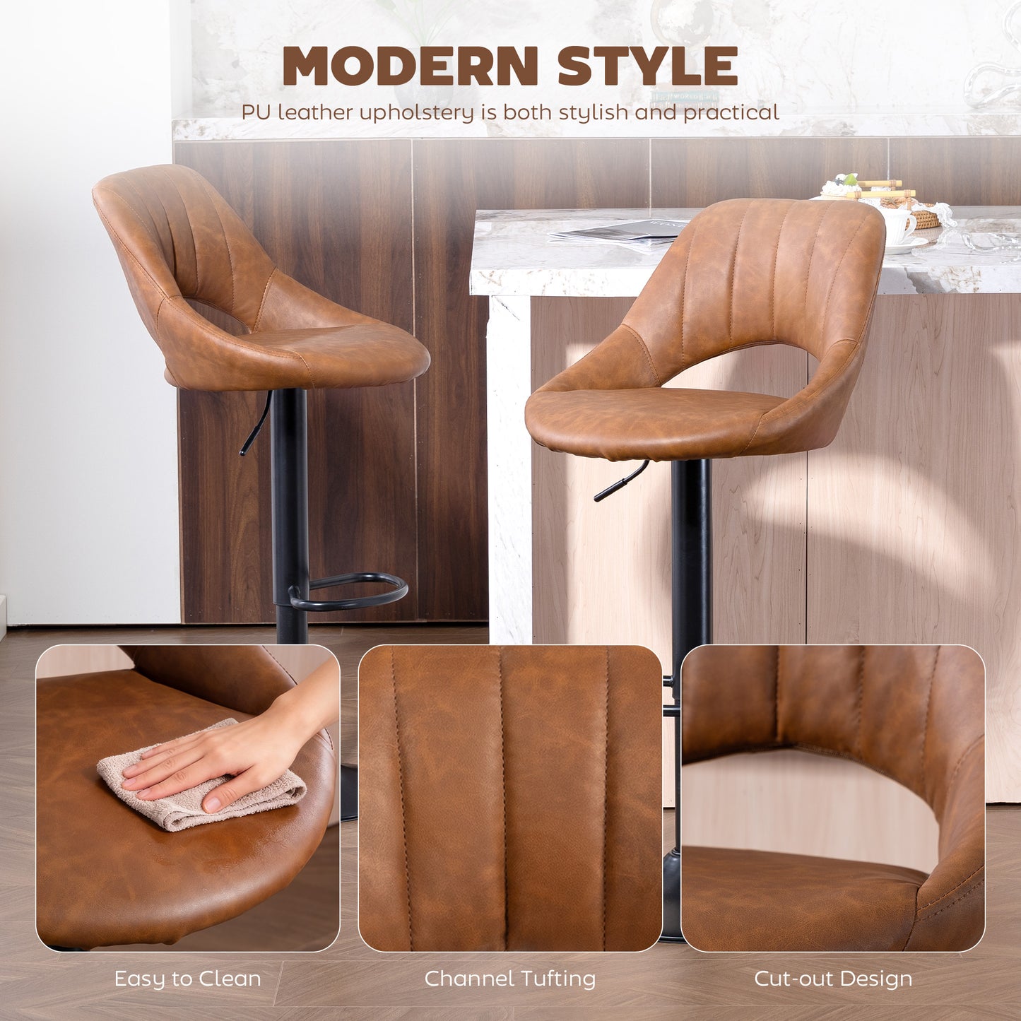 Barstools Set of 2, Dining Stools with Backrest and Footrest, Brown