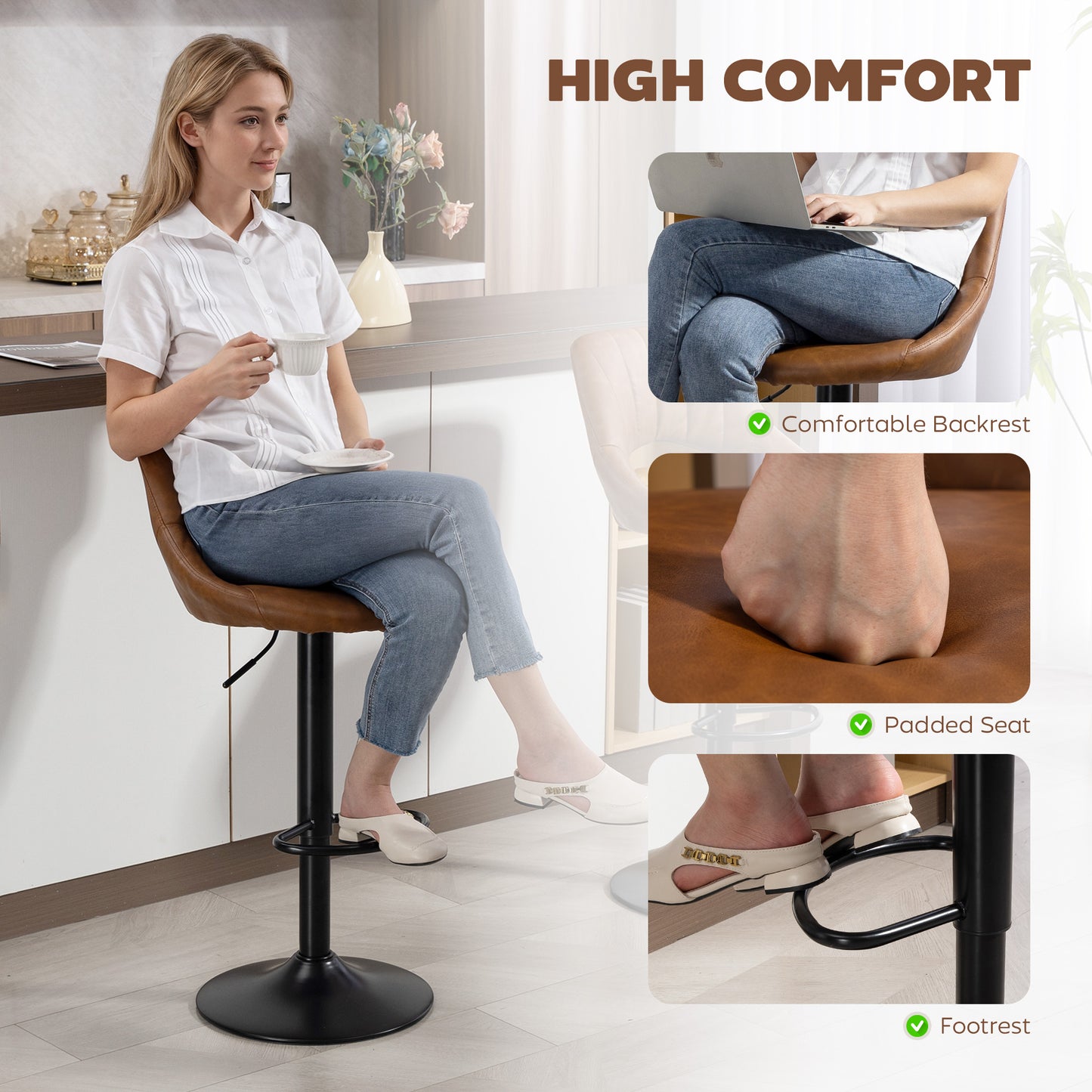 Barstools Set of 2, Dining Stools with Backrest and Footrest, Brown
