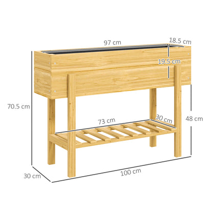Wooden Raised Bed w/ Bed Liner, Storage Shelf, Natural Wood Finish