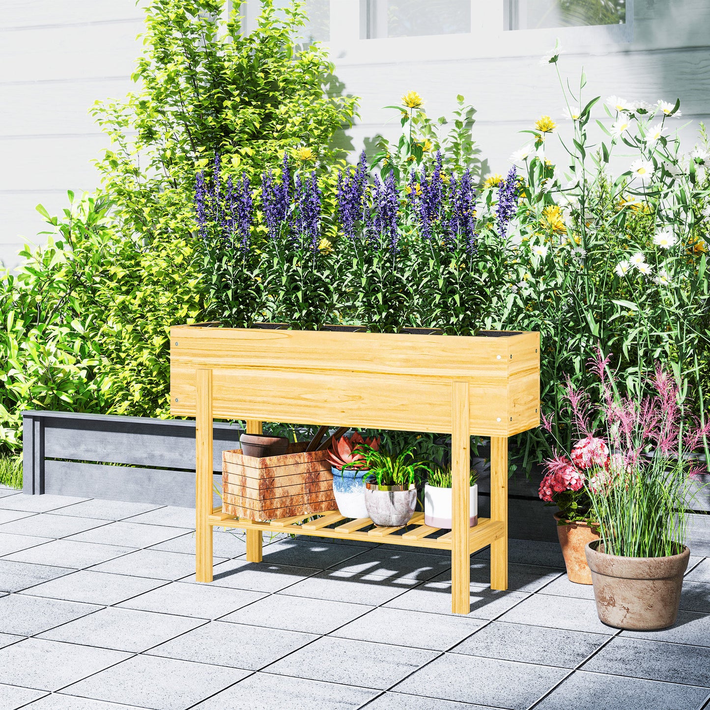 Wooden Raised Bed w/ Bed Liner, Storage Shelf, Natural Wood Finish