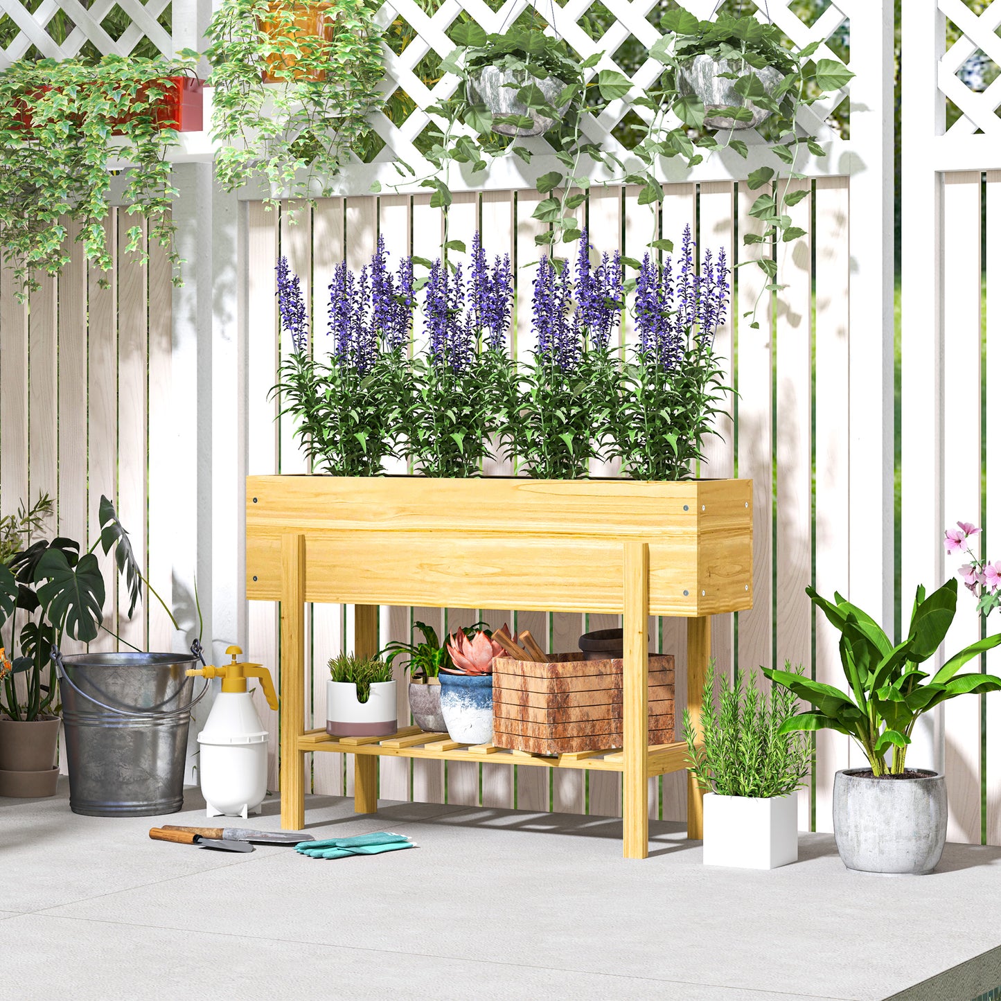 Wooden Raised Bed w/ Bed Liner, Storage Shelf, Natural Wood Finish