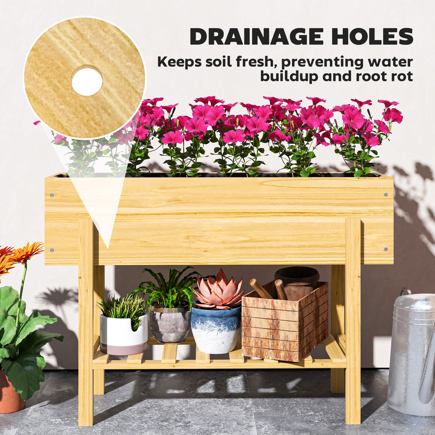 Wooden Raised Bed w/ Bed Liner, Storage Shelf, Natural Wood Finish