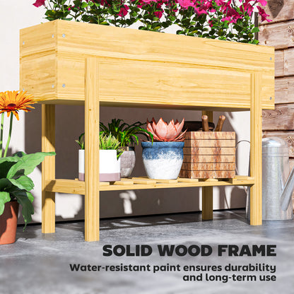Wooden Raised Bed w/ Bed Liner, Storage Shelf, Natural Wood Finish