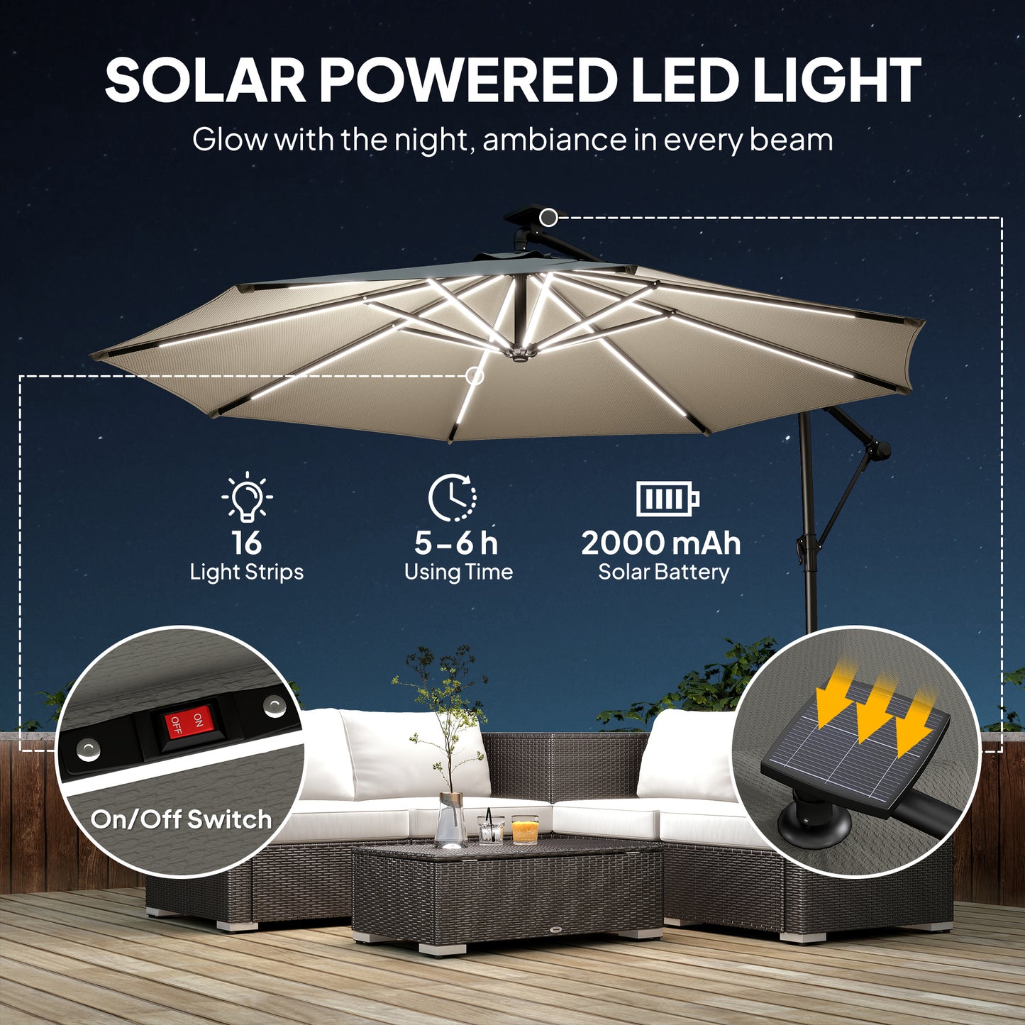 3 m Garden Cantilever Parasol with Solar Light, Rotation, Grey