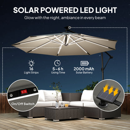 3 m Garden Cantilever Parasol with Solar Light, Rotation, Grey