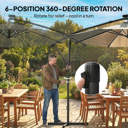 3 m Garden Cantilever Parasol with Solar Light, Rotation, Grey