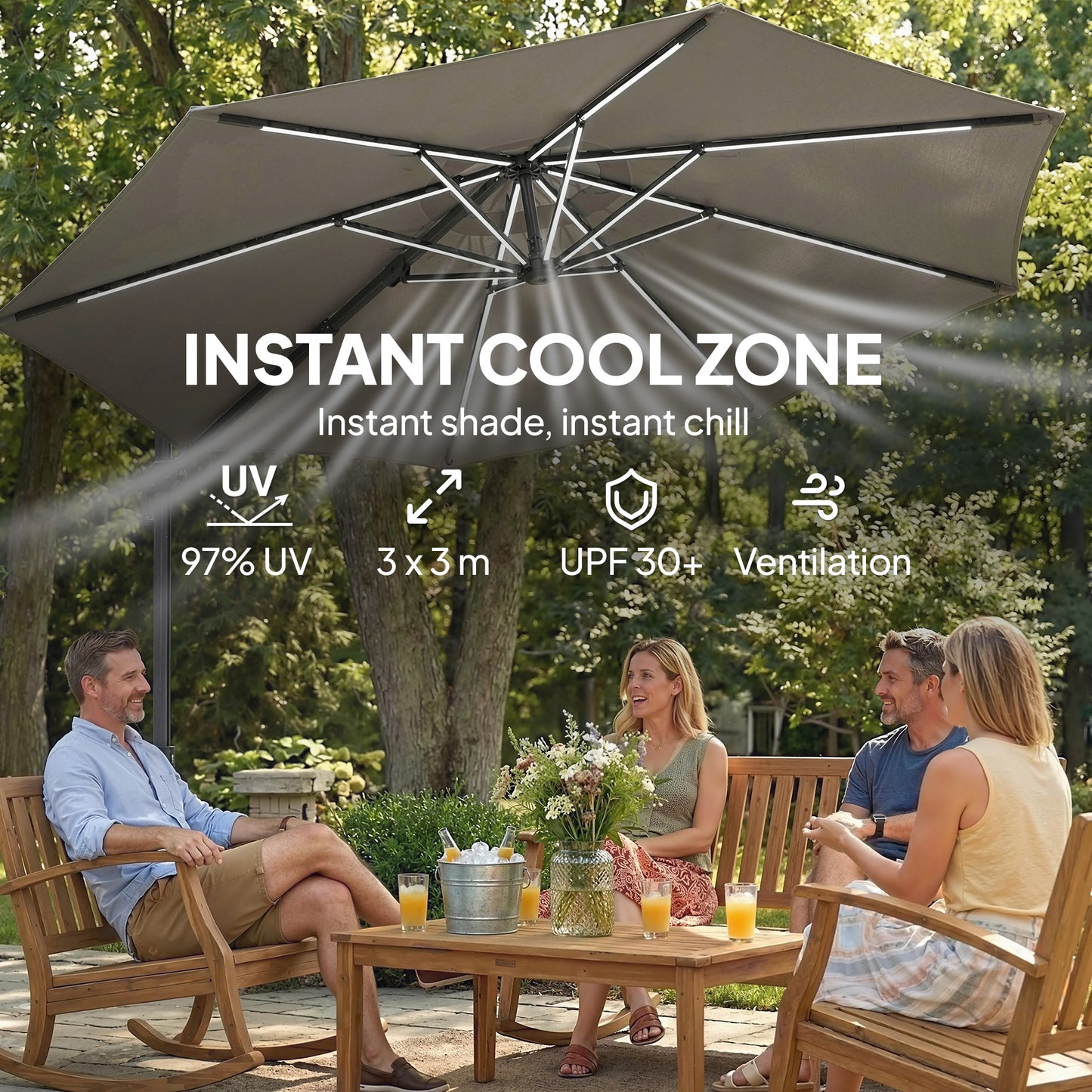 3 m Garden Cantilever Parasol with Solar Light, Rotation, Grey