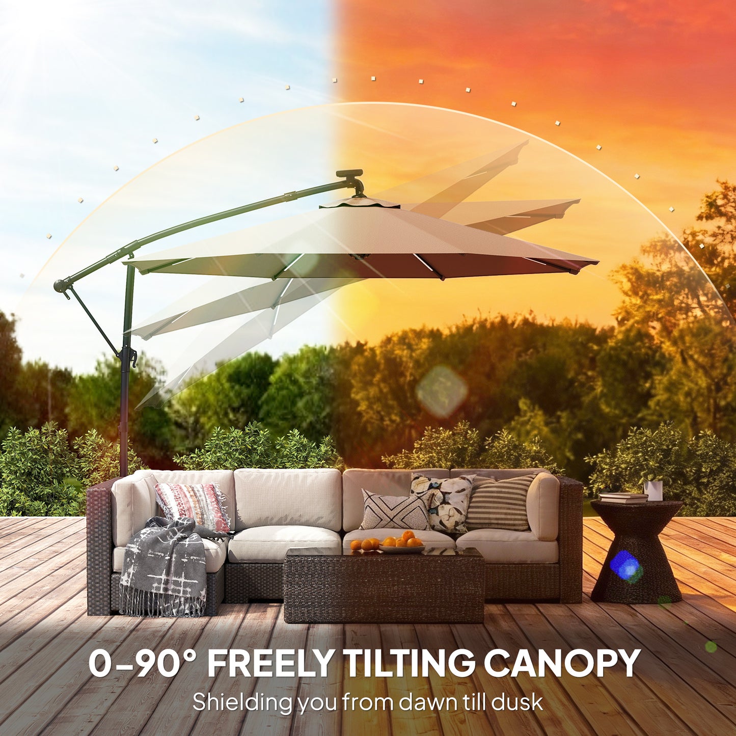 3 m Garden Cantilever Parasol with Solar Light, Rotation, Grey