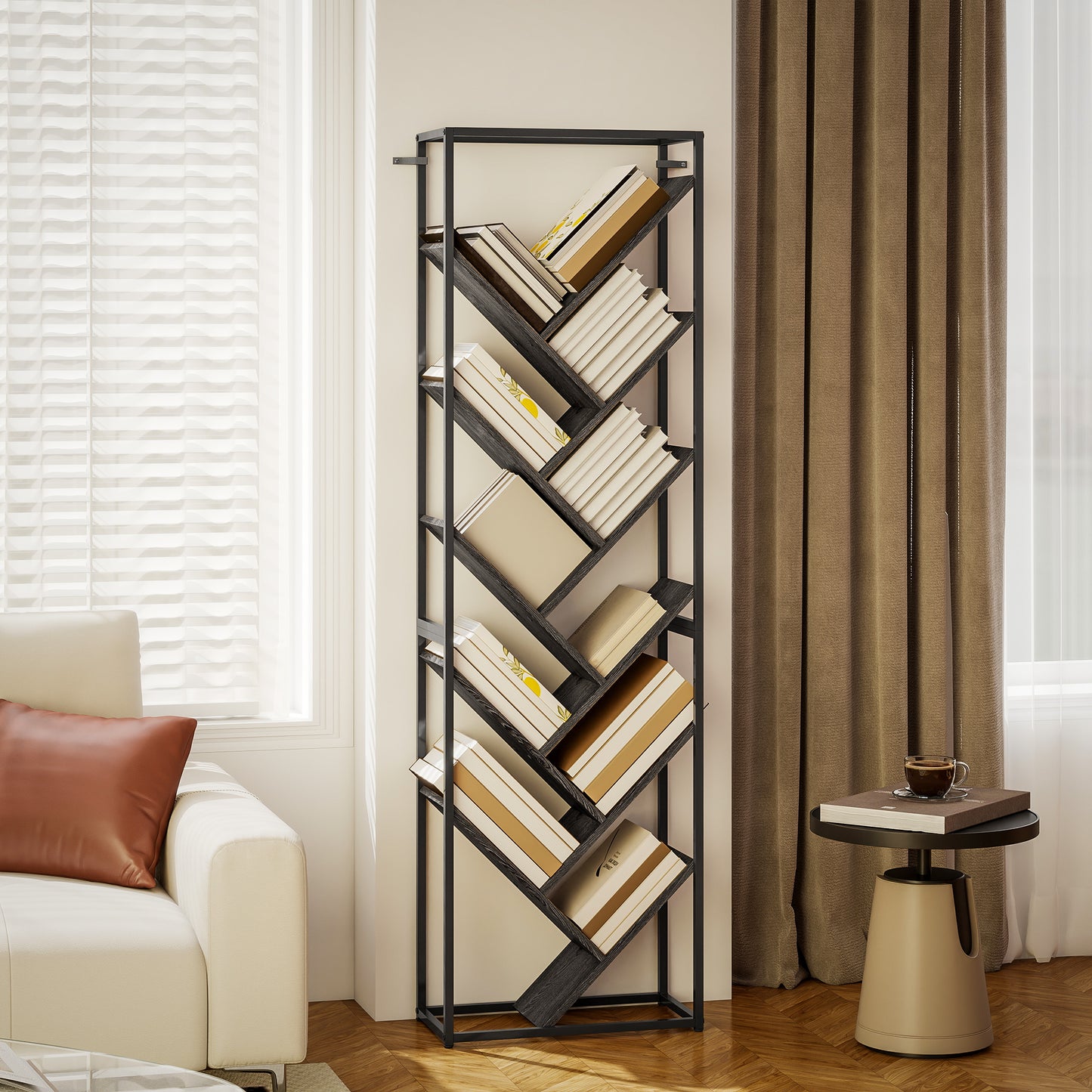 10 Tier Tree Bookshelf Industrial Tall Bookcase Grey Black