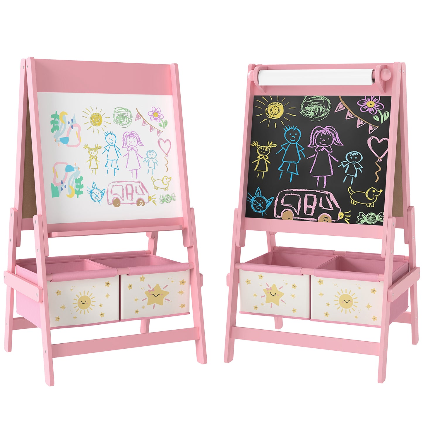 3-in-1 Kids Easel, Double-Sided Art Easel with Paper Roll, Pink