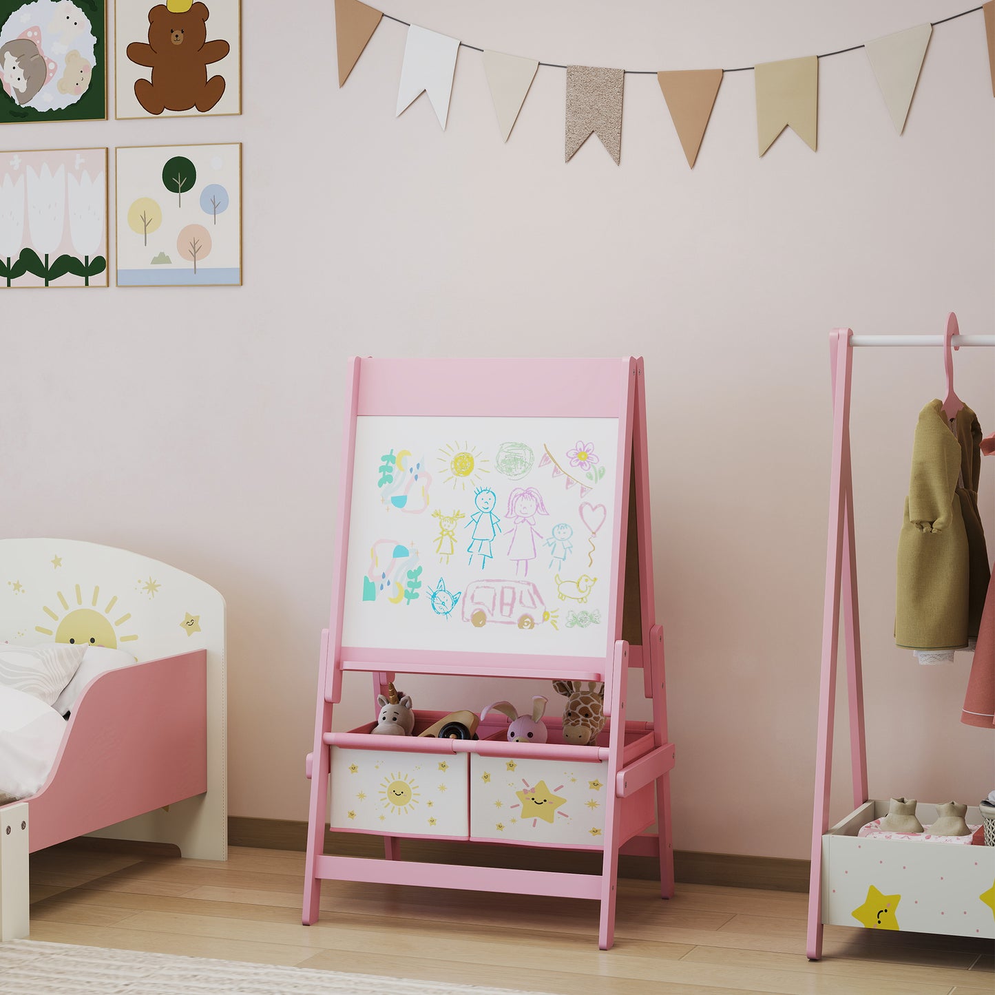 3-in-1 Kids Easel, Double-Sided Art Easel with Paper Roll, Pink