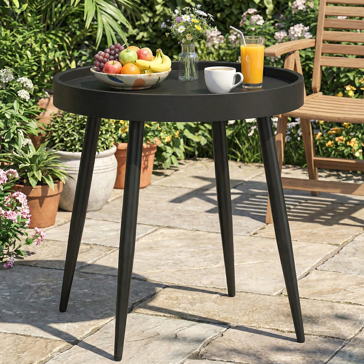 49.5 cm Round Garden Table, Small Outdoor Coffee Side Table with Plastic Tray-Style Top, Metal Legs, Garden Tables for Indoor, Patio, Porch, Balcony, Black